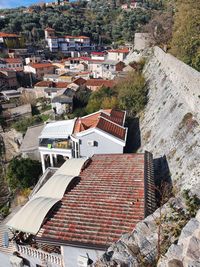 High angle view of buildings in city