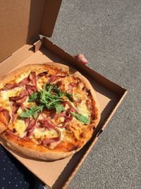 High angle view of pizza on table