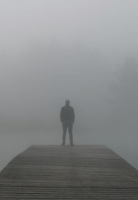 Rear view of man standing on pier at lake