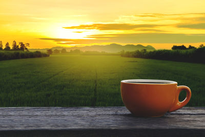 Coffee cup on field against orange sky