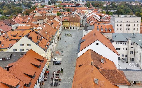 High angle view of buildings in town