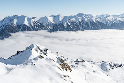 Scenic view of snow covered mountains against sky