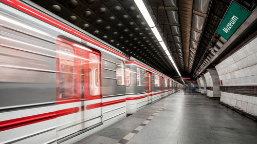 Blurred motion of train at subway station