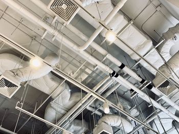 Low angle view of people standing on ceiling