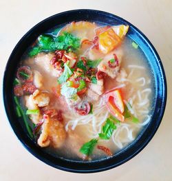 High angle view of soup in bowl