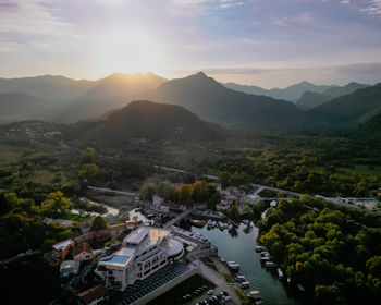 High angle view of townscape against sky during sunset