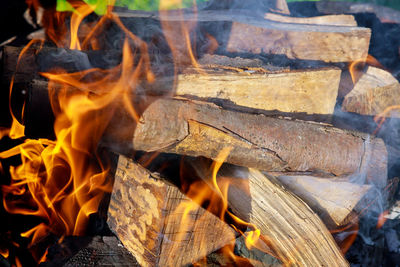 Close-up of bonfire on log