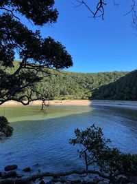 Scenic view of river against clear blue sky
