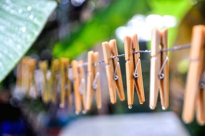 Close-up of clothespins hanging on clothesline