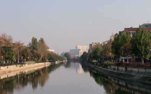 Scenic view of river by buildings against clear sky