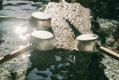 High angle view of water in container on wood