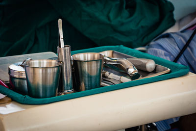 High angle view of dental equipment in tray