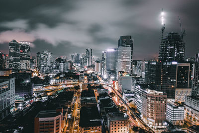 High angle view of illuminated cityscape at night