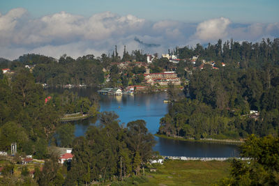 Scenic view of lake by trees against sky