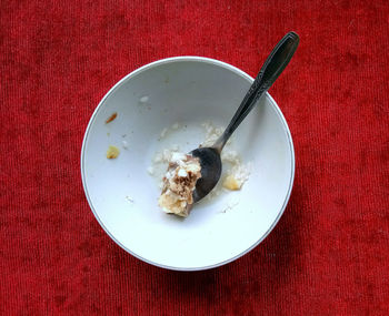 High angle view of breakfast served on table