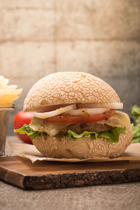 Close-up of burger on table