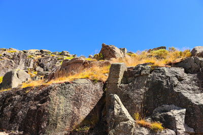 Low angle view of rocks against blue sky