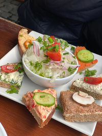 High angle view of meal served on table
