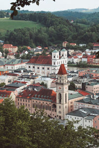 High angle view of buildings in town