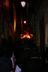 Illuminated fire in building at night