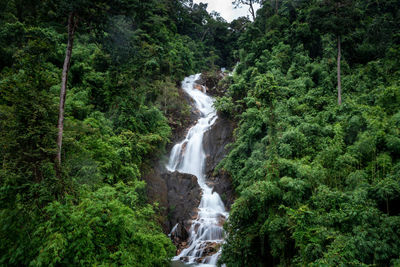 Beautiful nature landscape krating waterfall in the rainy season and refreshing greenery forest 