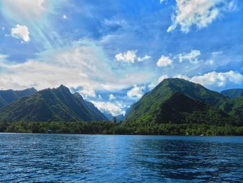 Scenic view of lake and mountains against sky