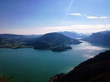 Scenic view of lake and mountains against sky