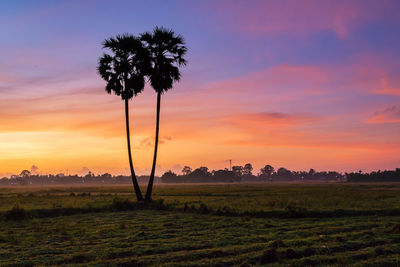 Scenic view of field against romantic sky at sunset