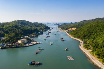 High angle view of boats in bay