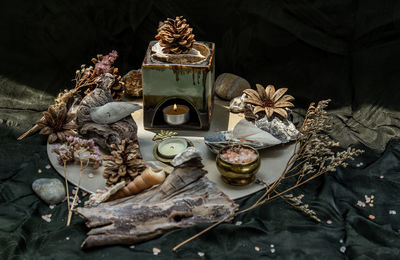 High angle view of christmas decoration on table