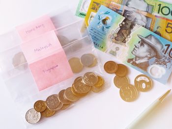 High angle view of coins on table