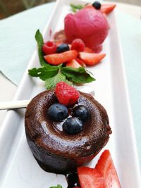 High angle view of strawberries in plate