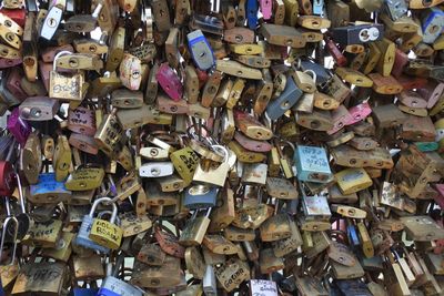 Full frame shot of padlocks hanging on railing