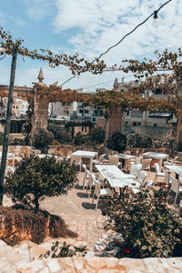 High angle view of townscape against cloudy sky