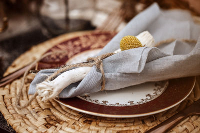 Close-up of wicker basket on table