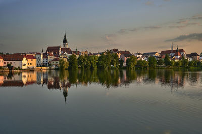 Reflection of buildings in lake against sky