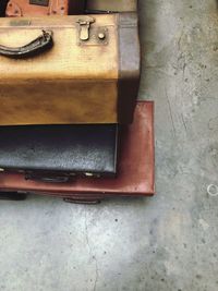 High angle view of old machinery on table