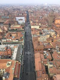 High angle view of street and buildings in city