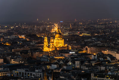 Illuminated cathedral amidst cityscape at night