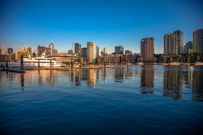 Scenic view of river and buildings against clear blue sky