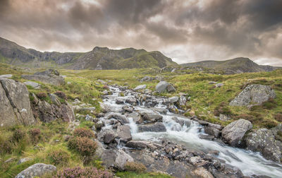 Scenic view of waterfall against sky