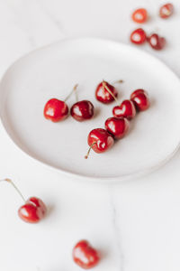 High angle view of strawberries on table