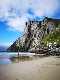 Scenic view of kvalvika beach against sky