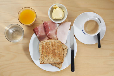 High angle view of breakfast on table