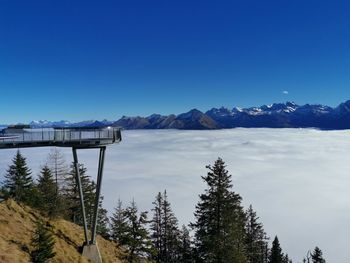 Scenic view of snowcapped mountains against clear blue sky