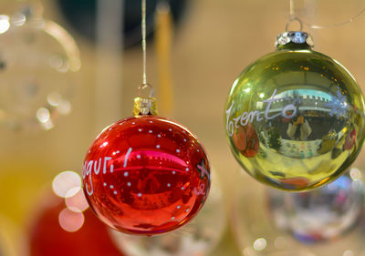 Close-up of crystal ball hanging on table