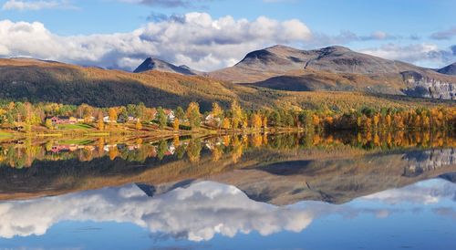 Beautiful scenic landscape with mountain and autumnal forest 
reflecting in  water in norway