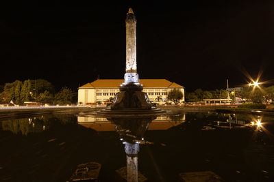 Reflection of illuminated building in water at night