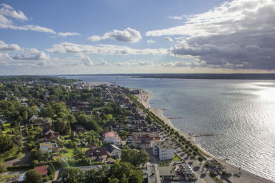 Scenic view of sea and town against sky