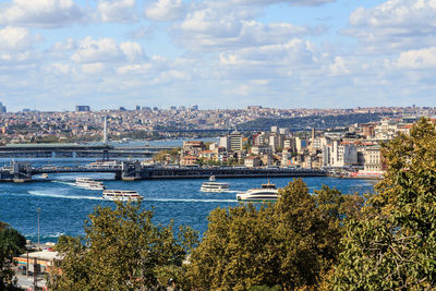 High angle view of buildings and bosphorus against sky